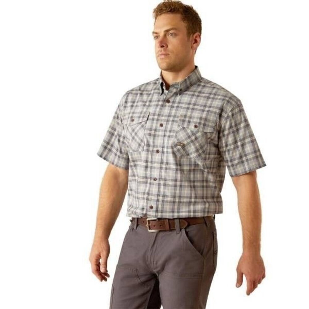 Ariat Rebar Men's Made Tough Durastretch Plaid Button Work Shirt Wild Dove 10058